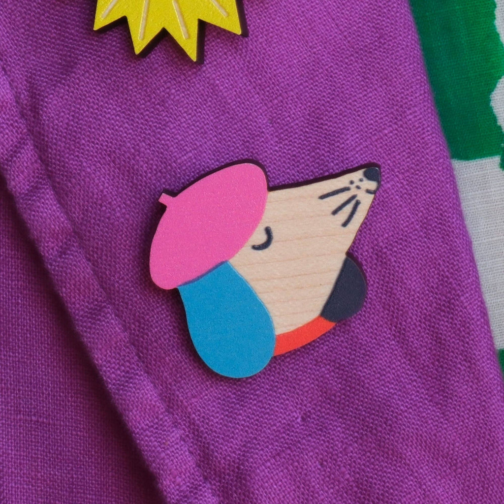 Dog Printed Wooden Pin Badge